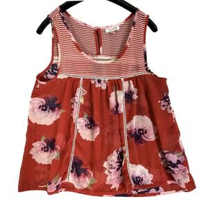 Red Floral Print Striped Tank Top Women's Size Medium Floral Sheer
